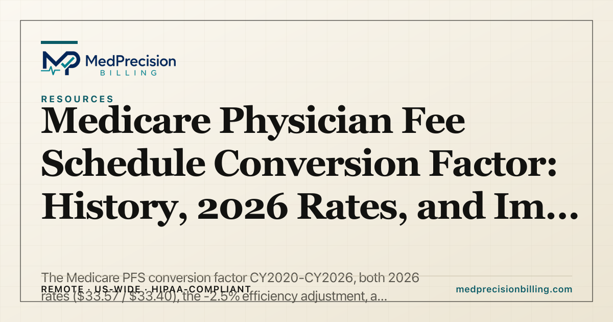 Line chart of the Medicare Physician Fee Schedule conversion factor from CY2020 to CY2026, comparing the value finalized in each CMS rule against the value left in effect after Congressional action. The in-effect factor falls every year from $36.09 in 2020 to $32.35 in 2025, then rises to $33.57 in 2026.
